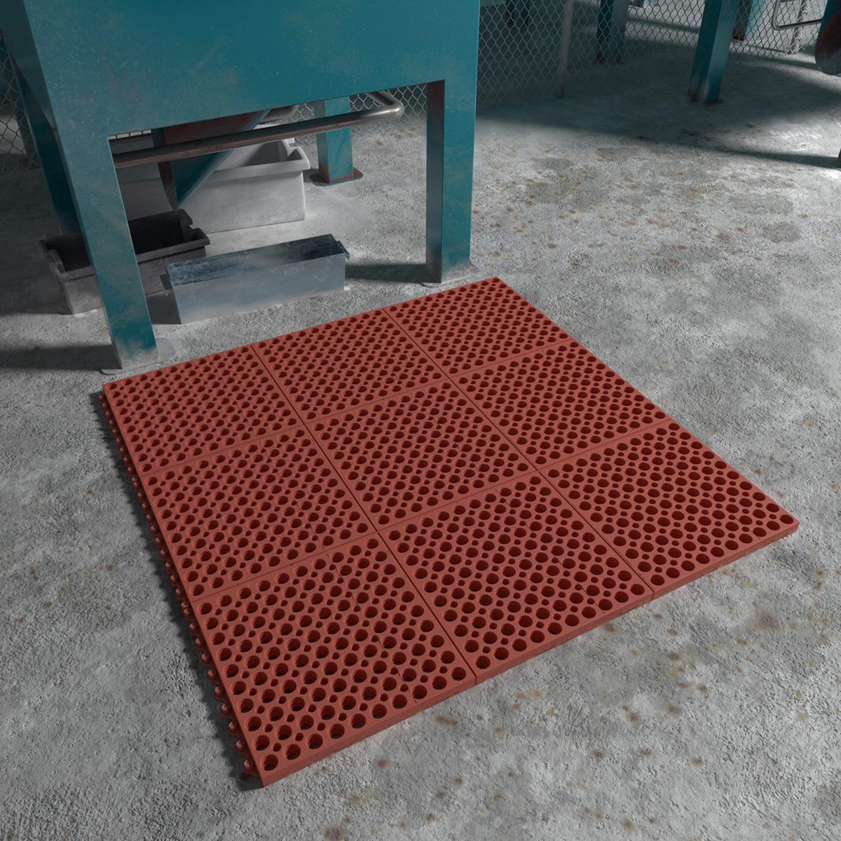 AmazonCommercial Anti-Fatigue Drainage Modular Mat With One Sided Built-In Connectors, Rubber, 3' X 3', 5/8" Thickness, Red Grease-Resistant