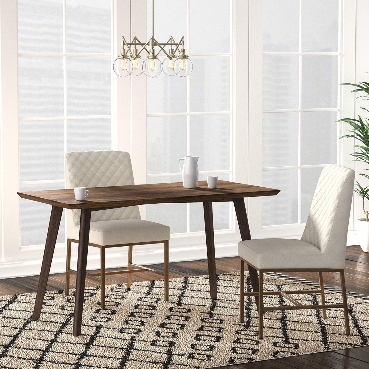 Amazon Brand – Rivet Vermont Modern Diamond-Stitched Upholstered Dining Chair, 20"W, Set of 2, Chalk White and Brass