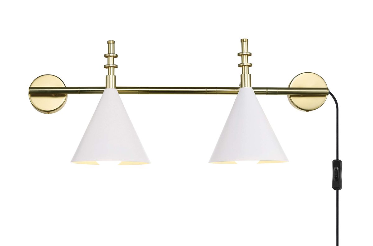 Amazon Brand – Rivet 2-Light Plug-In Wall Sconce with Glossy White Shades, LED Bulbs Included, 24"H, Antique Brass