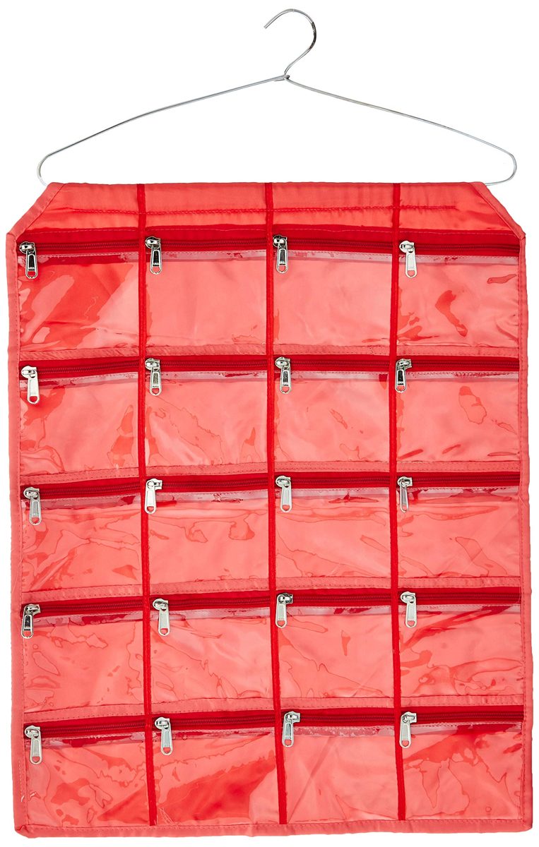 Amazon Brand - Solimo Satin Hanging Jewellery Organiser with 20 Pouches, Pink