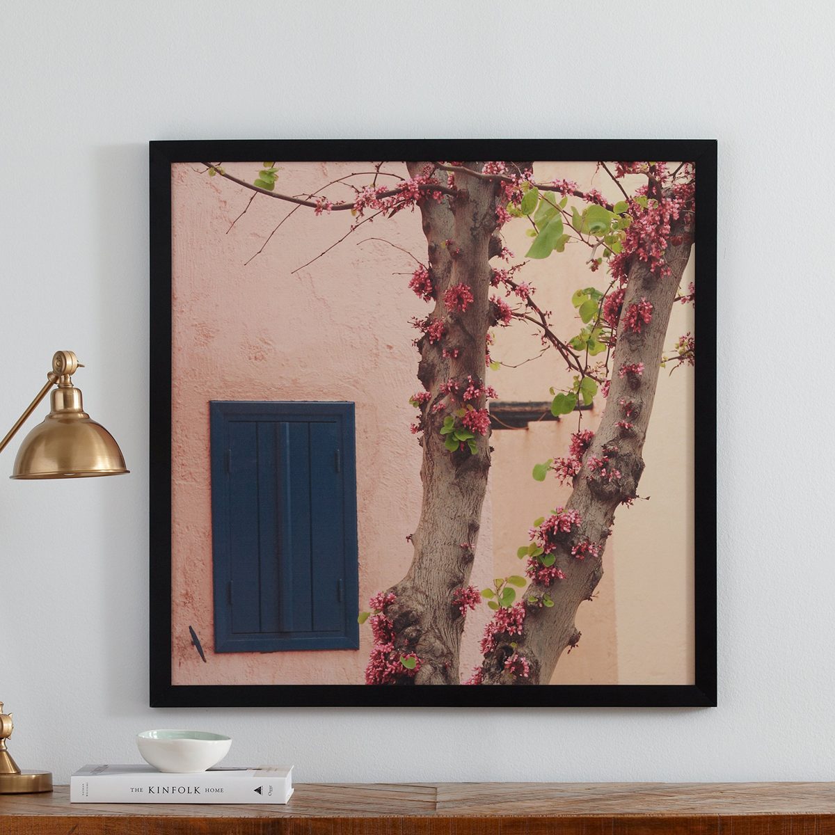 Amazon Brand – Rivet Pink Tree Blossoms at the Villa Photo Print Wall Art, Black Wood Frame, 30" x 30"
