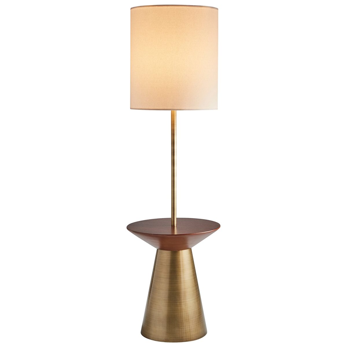 Rivet Mid Century Modern Floor Lamp and Round Wood Table with Light Bulb and Linen Shade - 60 Inches, Brass