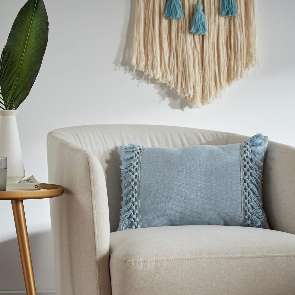 Amazon Brand – Rivet Modern Macrame Fringe Lumbar Throw Pillow - 18 x 12 Inch, Blue
