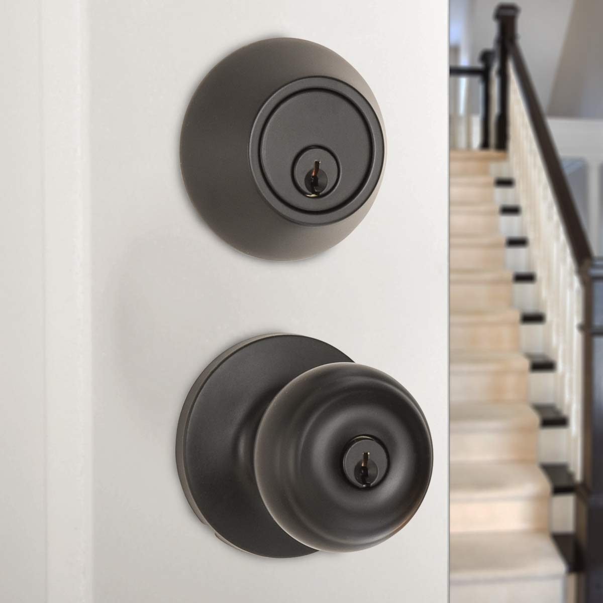 AmazonBasics Exterior Door Knob With Lock and Deadbolt, Classic, Matte Black