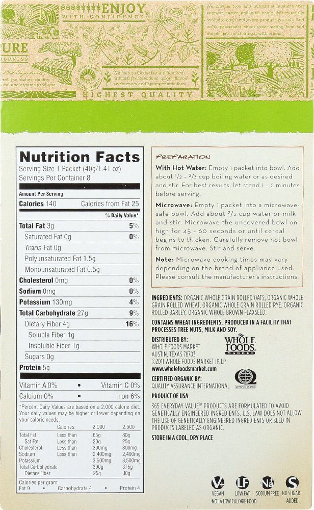 365 Everyday Value, Organic Instant Hot Cereal Multigrain with Flax, 1.41 oz, 8 ct
