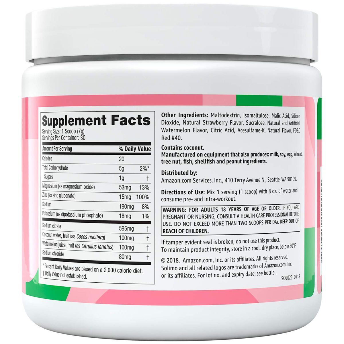 Amazon Brand - Solimo Electrolyte Powder, Watermelon, 7.6 Ounce (30 Servings)