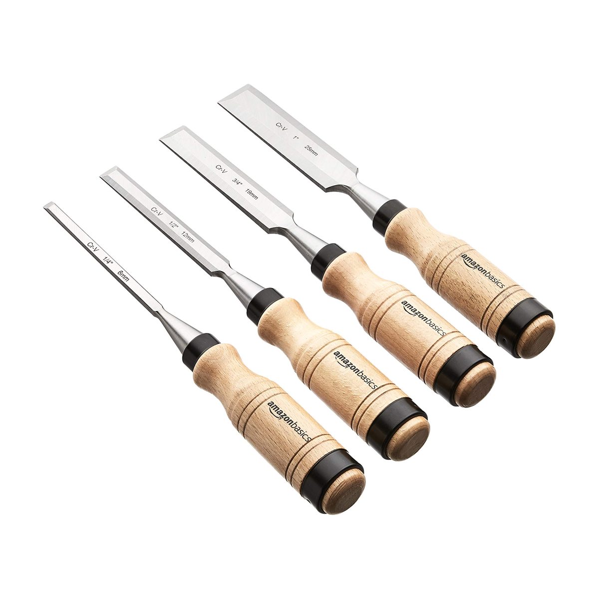 AmazonBasics 4-Piece Wood Chisel Set - 1/4-Inch to 1-Inch, Wooden Handle (Renewed)
