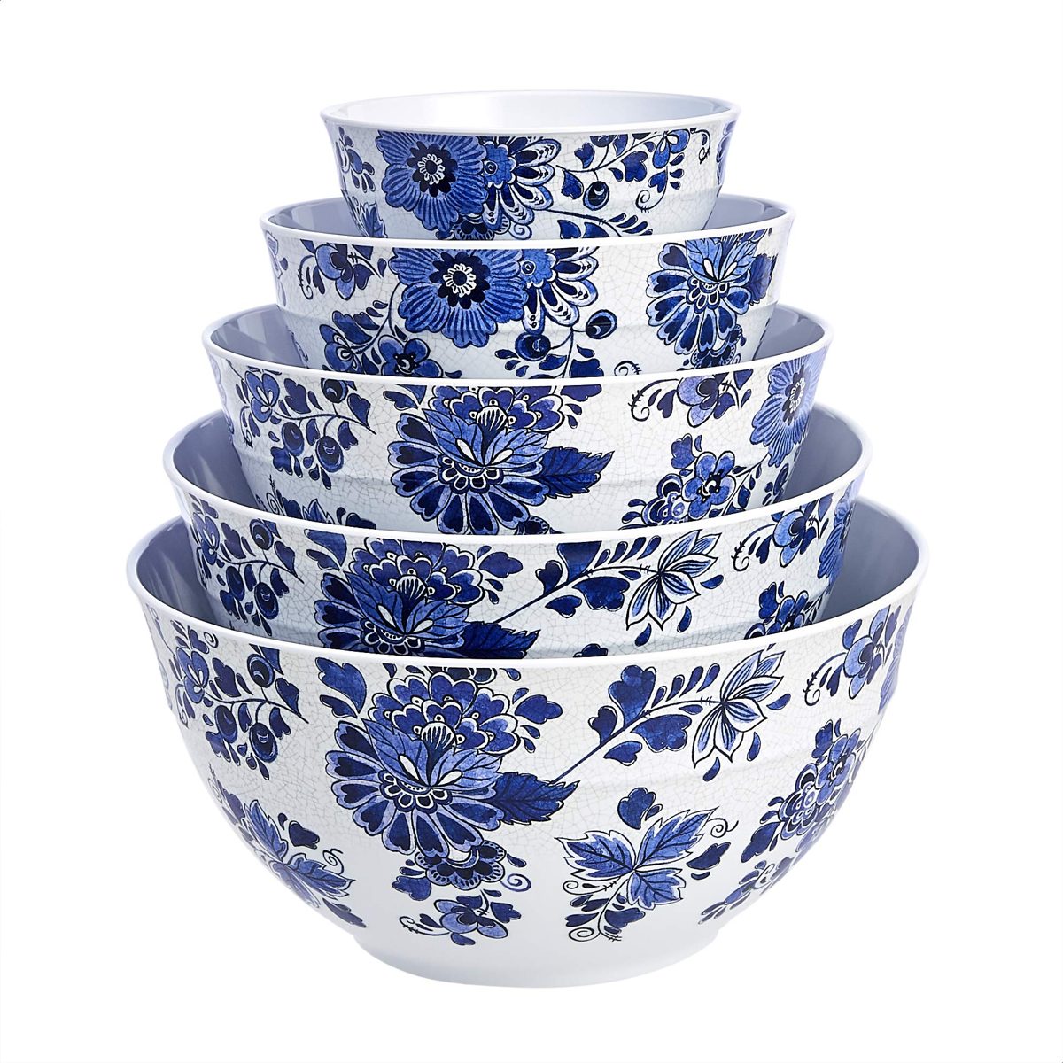 AmazonBasics 10-Piece Mixing Bowl Set with Lids - Non-Slip Base, Blue and White Floral