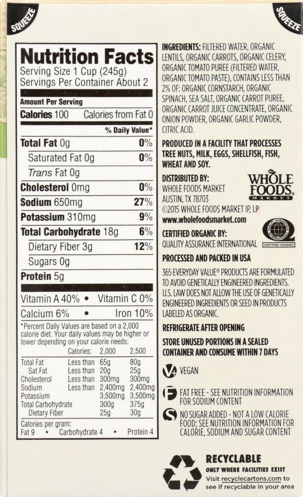 365 EVERYDAY VALUE Organic Lentil Soup, 17 OZ