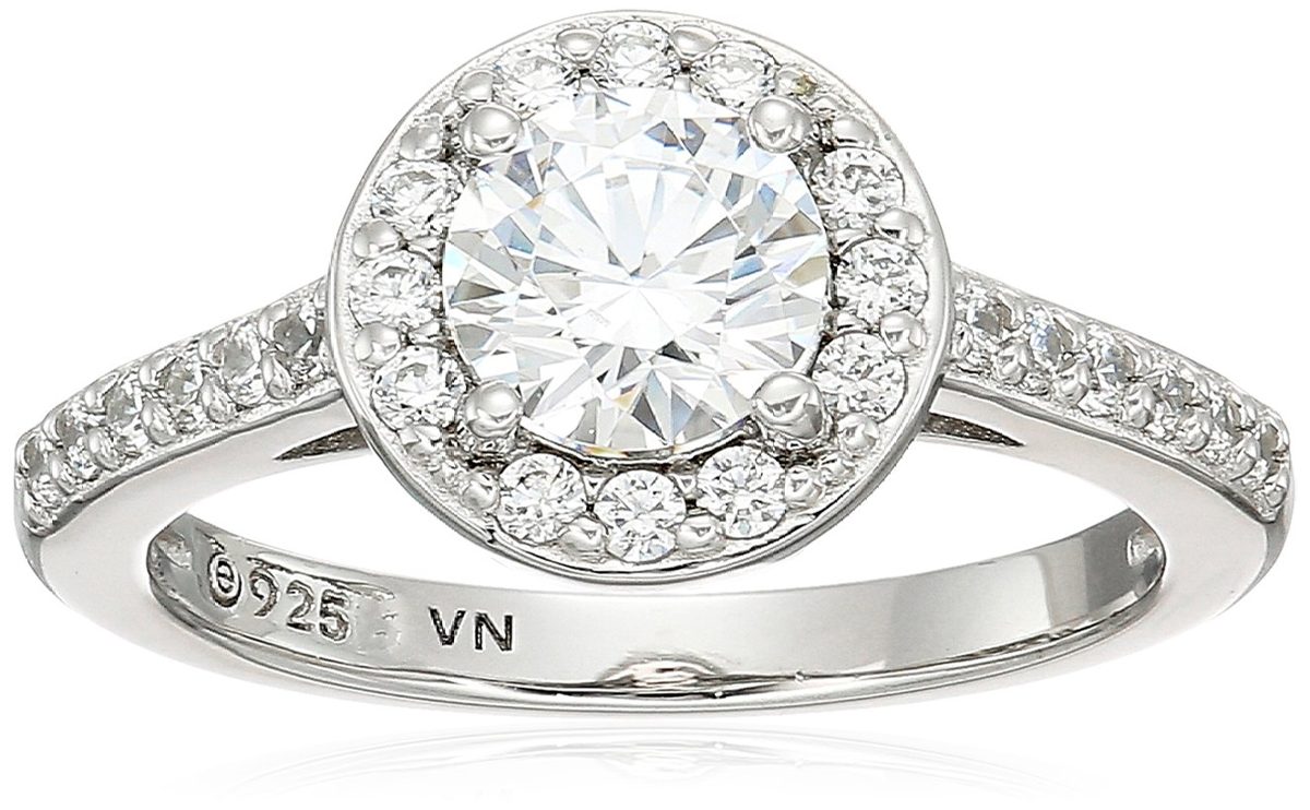Platinum Plated Sterling Silver Swarovski Zirconia Round Cut Halo Ring
