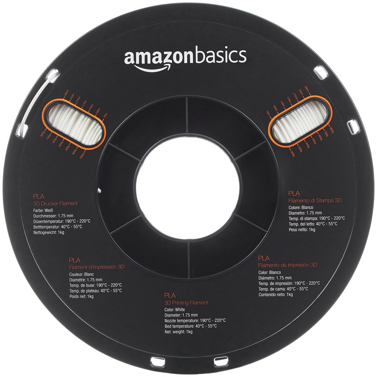 AmazonBasics PLA 3D Printer Filament, 1.75mm, White, 3 kg Spool