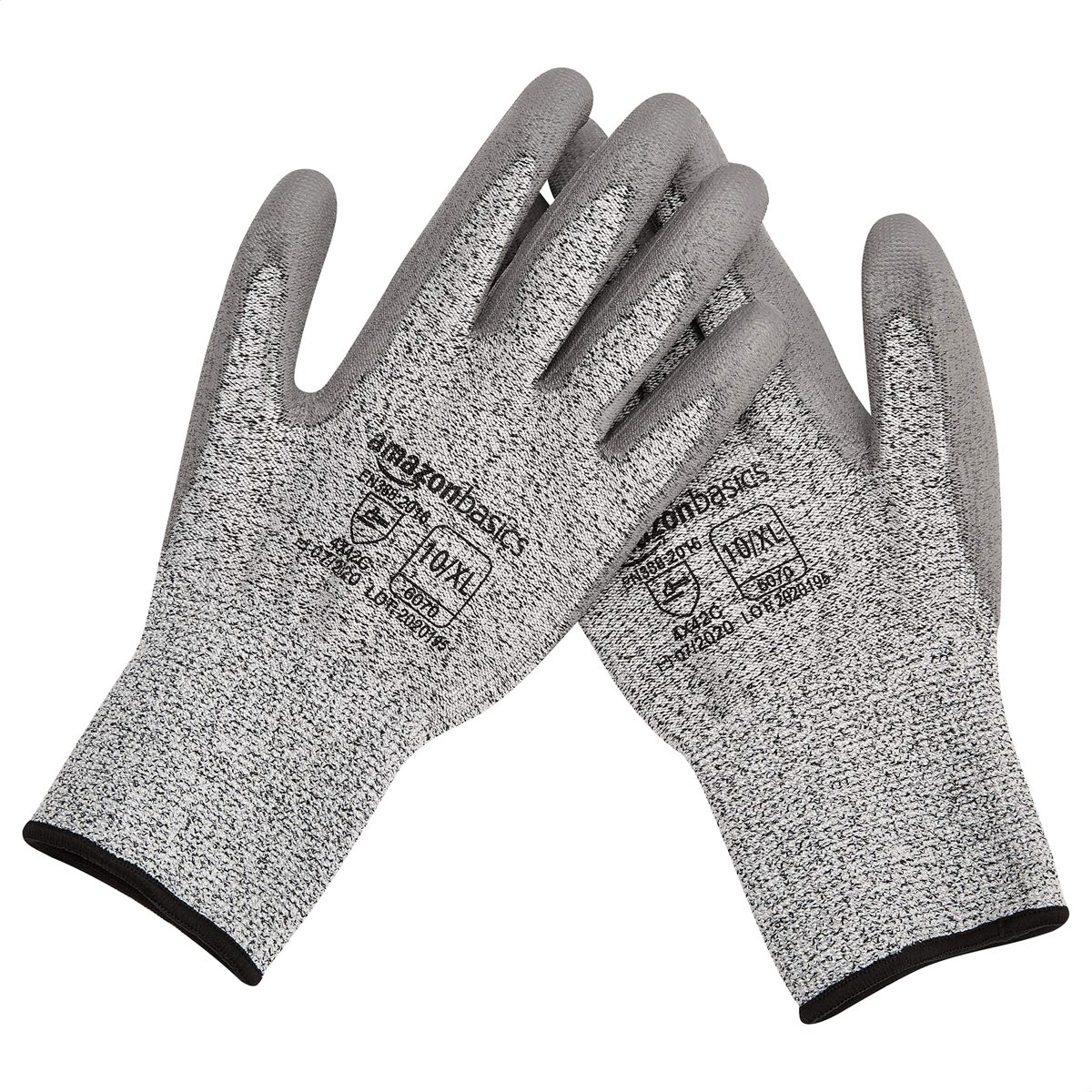 AmazonBasics Cut-Resistant Work Gloves, Cut Level A2, Polyurethane Coated Gloves, Touch Screen, Salt and Pepper, Size 10, XL