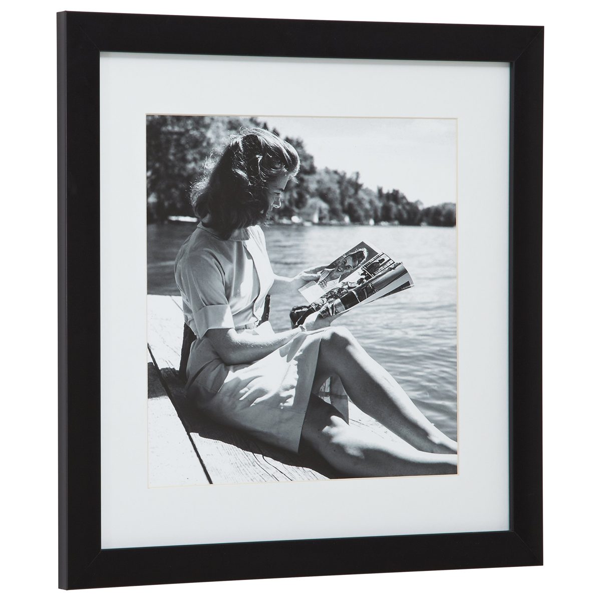 Amazon Brand – Stone & Beam Black and White Reading by the Water Photo Wall Art Decor - 18" x 18" Picture Frame, Black