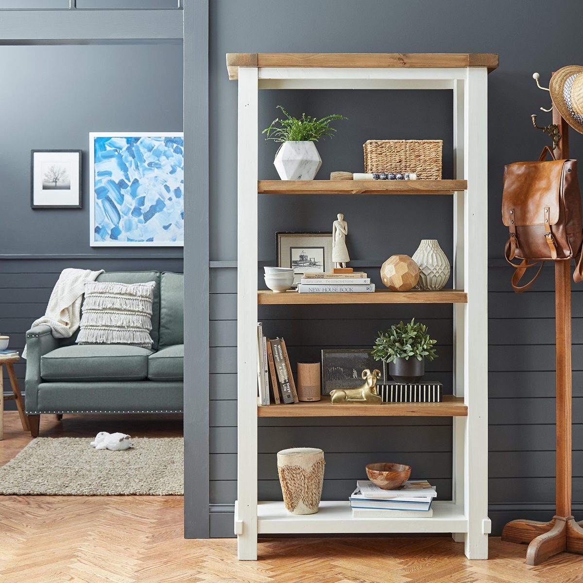 Amazon Brand – Stone & Beam Barrett Reclaimed Wood 4-Shelf Bookcase, 40"W, White and Sandstone Pine