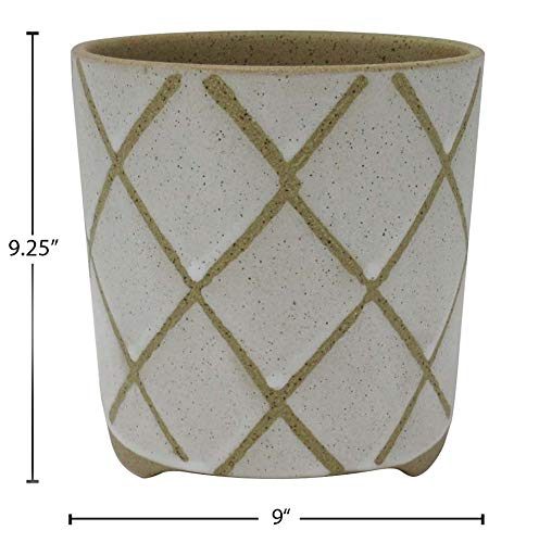 Amazon Brand – Stone & Beam Large Windowpane Footed Stoneware Planter, 9.25"H, Cloud Dancer White
