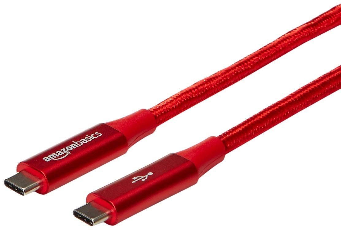 AmazonBasics Double Braided Nylon USB-C to USB-C 3.1 Gen 2 Cable with Power Delivery (10 Gbps) | 3 feet, Red (Renewed)
