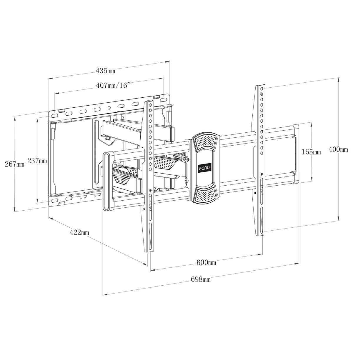 Eono Essentials PL2617 TV Wall Mount with Double Arm for Most 42-70 Inch LED, LCD, OLED, Plasma TVs up to 45.5 kg with Max. VESA 600 x 400 mm