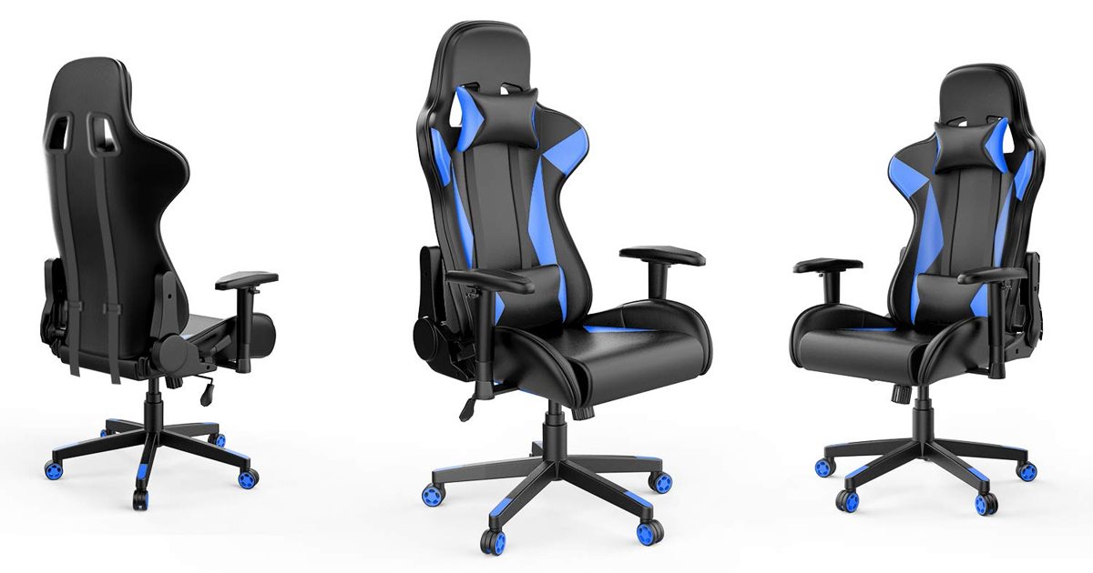 AmazonBasics Gaming/Racing Style Office Chair with Removable Headrest and High Back Cushion - Blue