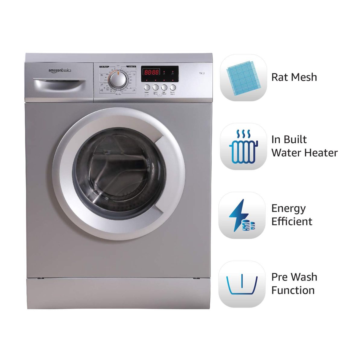 AmazonBasics 7 kg Fully-Automatic Front Load Washing Machine (Grey/Silver, In-built Heater, Self cleaning technology)