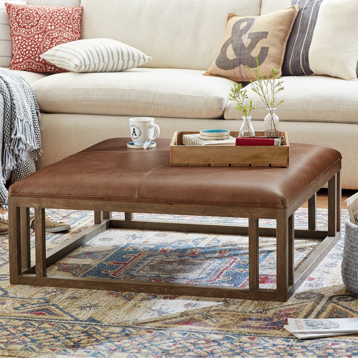 Amazon Brand – Stone & Beam Norah Leather and Wood Square Ottoman