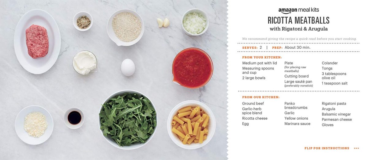 Amazon Meal Kits, Ricotta Meatballs with Rigatoni & Arugula, Serves 2