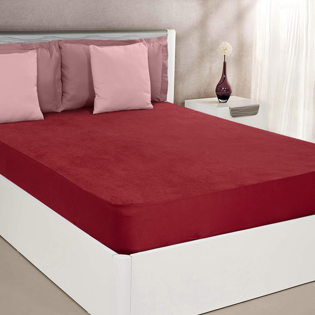Amazon Brand - Solimo Water Resistant Cotton Mattress Protector 75"x60" - Queen Size, Maroon