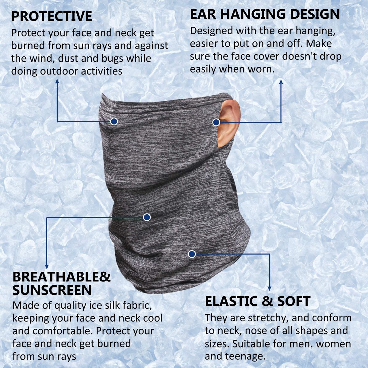 Molemsx Summer Neck Gaiter for Men Face Bandana Ear Loops Reusable For Headwear Cap Silk Cooling Balaclava Face for Dust Wind Outdoor Sports Motorcycle Grey