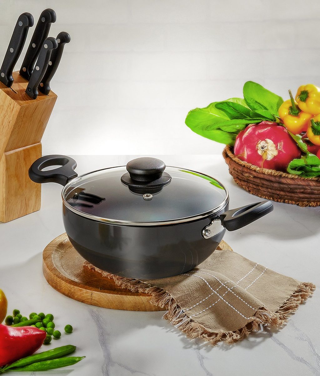 Amazon Brand - Solimo Hard Anodized Kadai with Glass Lid, 20 cm, (Induction and Gas Compatible), Black