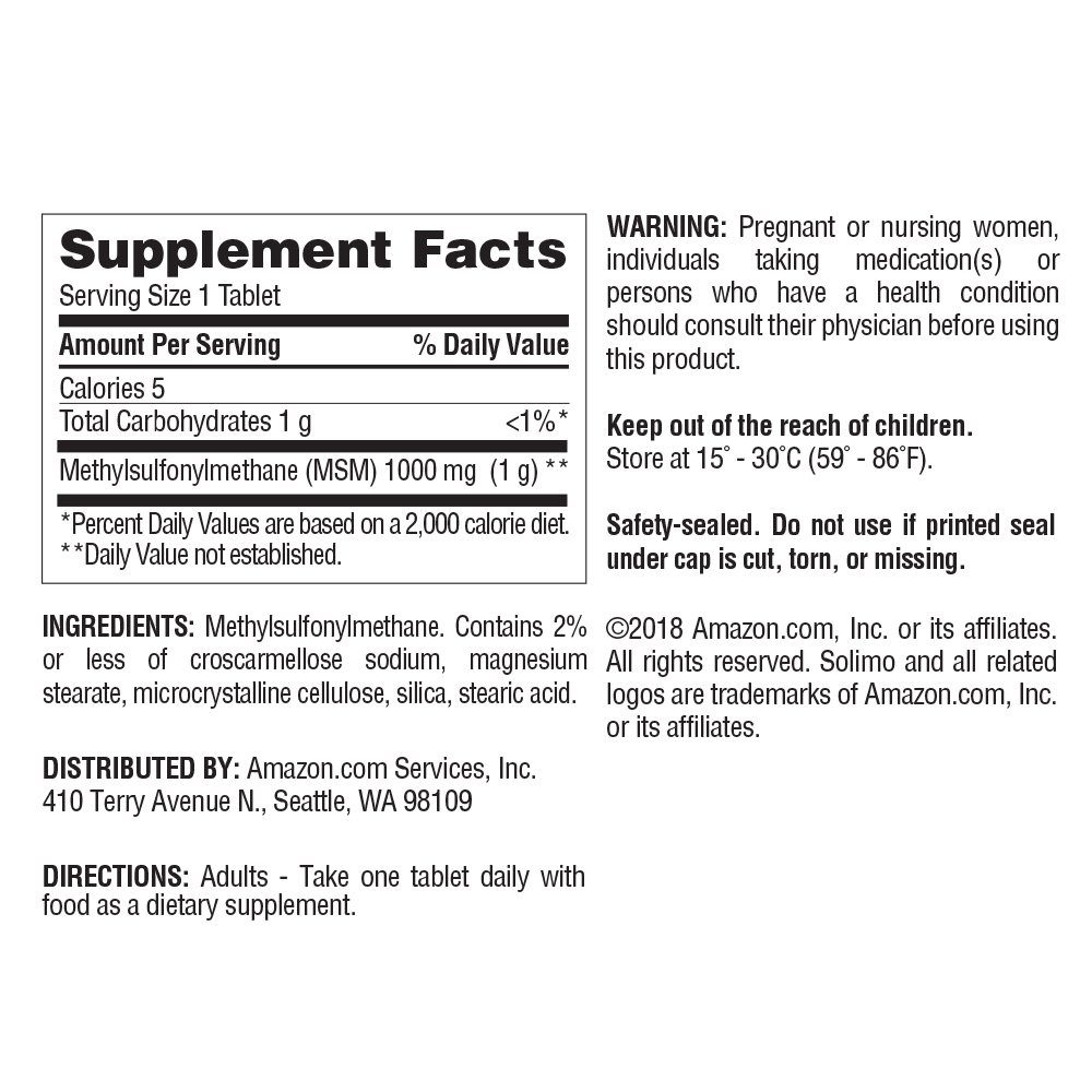 Amazon Brand - Solimo MSM 1000mg, 240 Tablets, Eight Month Supply