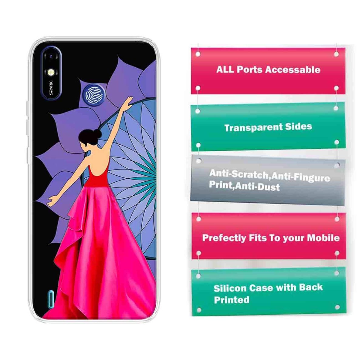 Amazon Brand - Solimo Designer Multicolor Girl Violet Design Printed Soft Back Case Mobile Cover for Tecno Spark Go Plus