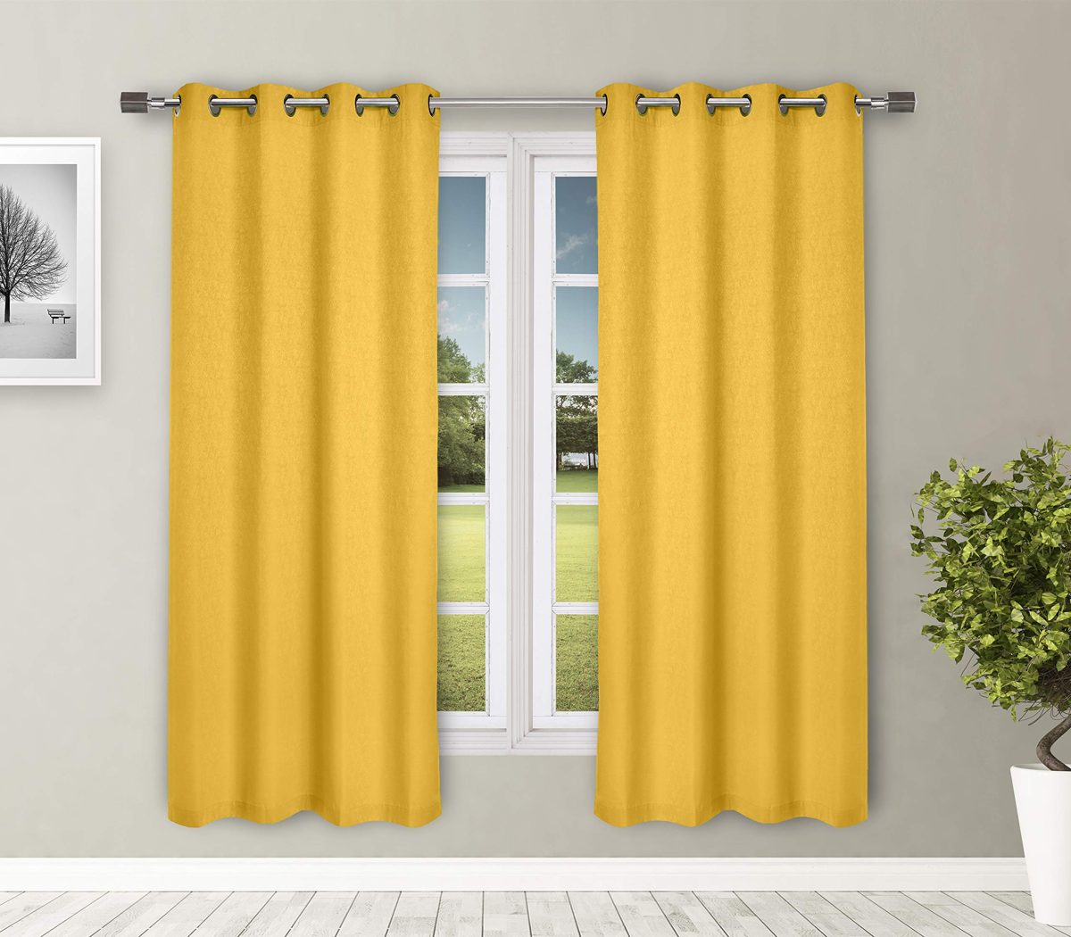 Amazon Brand - Solimo Magnolia Door Curtain, 7 feet - Set of 2 (Spanish Yellow)