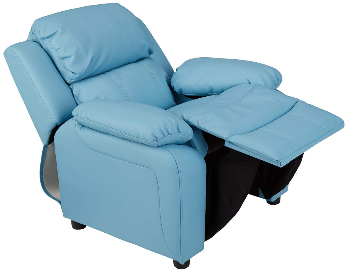 AmazonBasics LeatherSoft Kids/Youth Recliner with Armrest Storage, 5+ Age Group, Light Blue