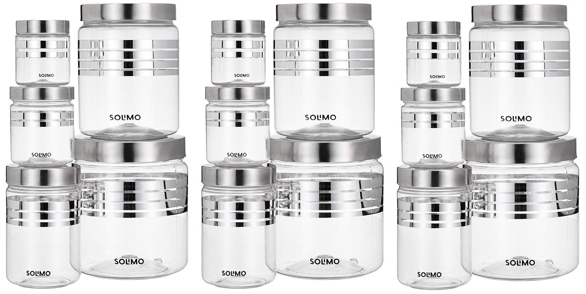 Amazon Brand - Solimo Plastic Container Set, 15-Pieces, Silver with Stainless Steel Lid & Wide Mouth
