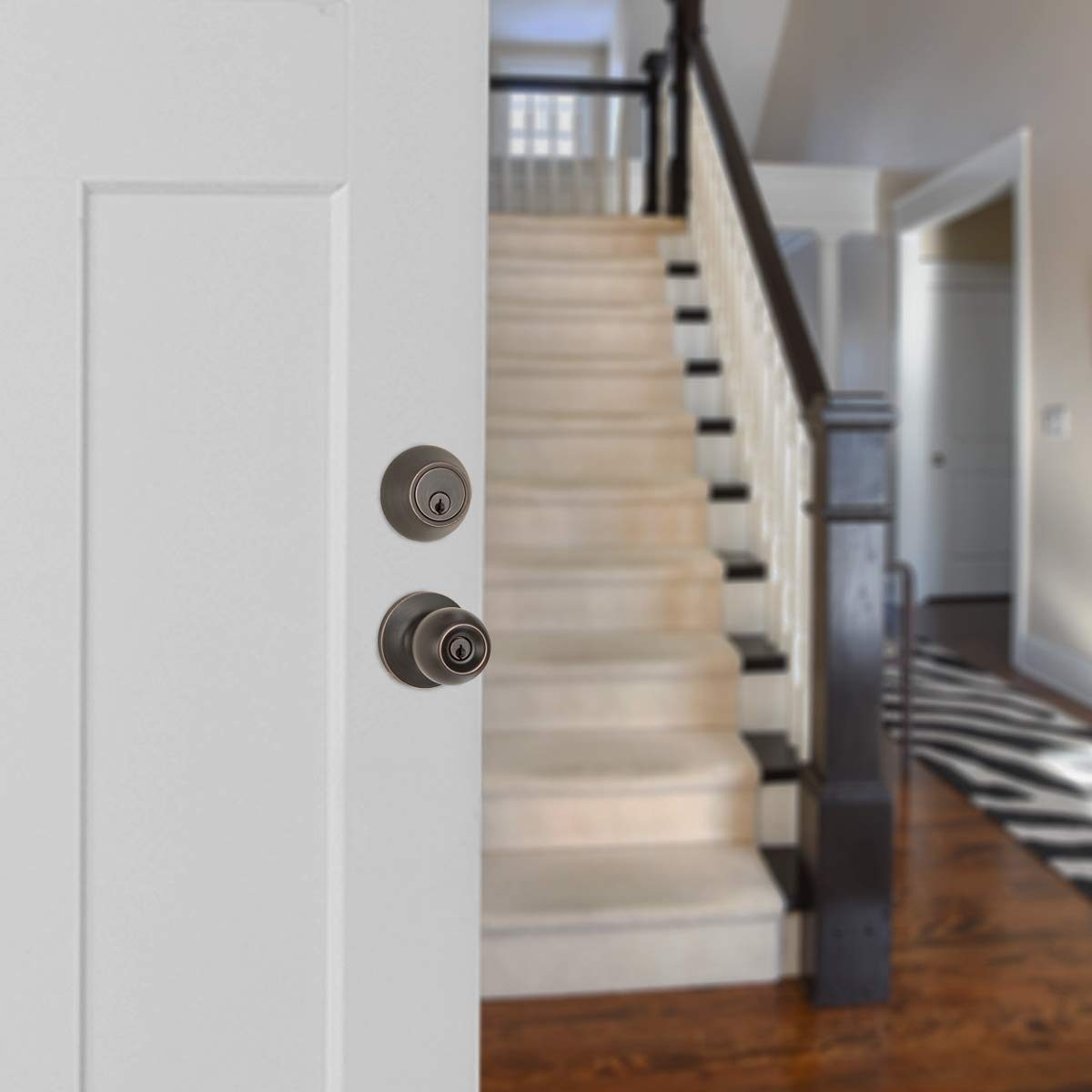 AmazonBasics Exterior Door Knob With Lock and Deadbolt, Standard Ball, Oil Rubbed Bronze