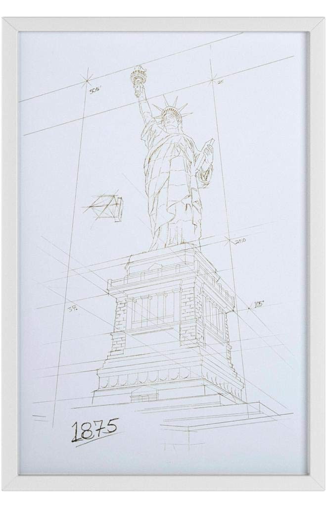 Amazon Brand – Stone & Beam Modern Gold/White and White Print Wall Art of Statue of Liberty, White Frame, 32" x 47"