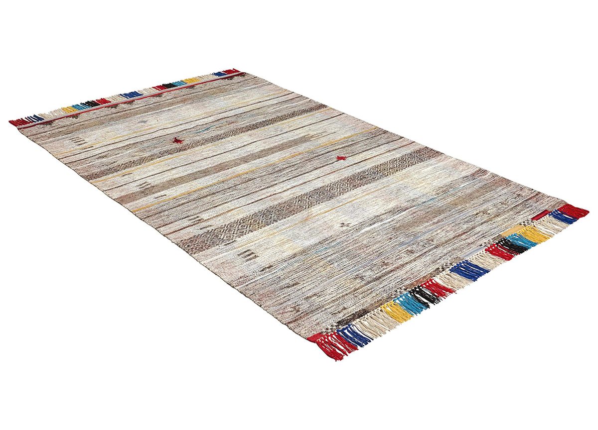Amazon Brand – Stone & Beam Contemporary Boho Colorful Fringe Wool Area Rug, 5 x 8 Foot, Tan Multi