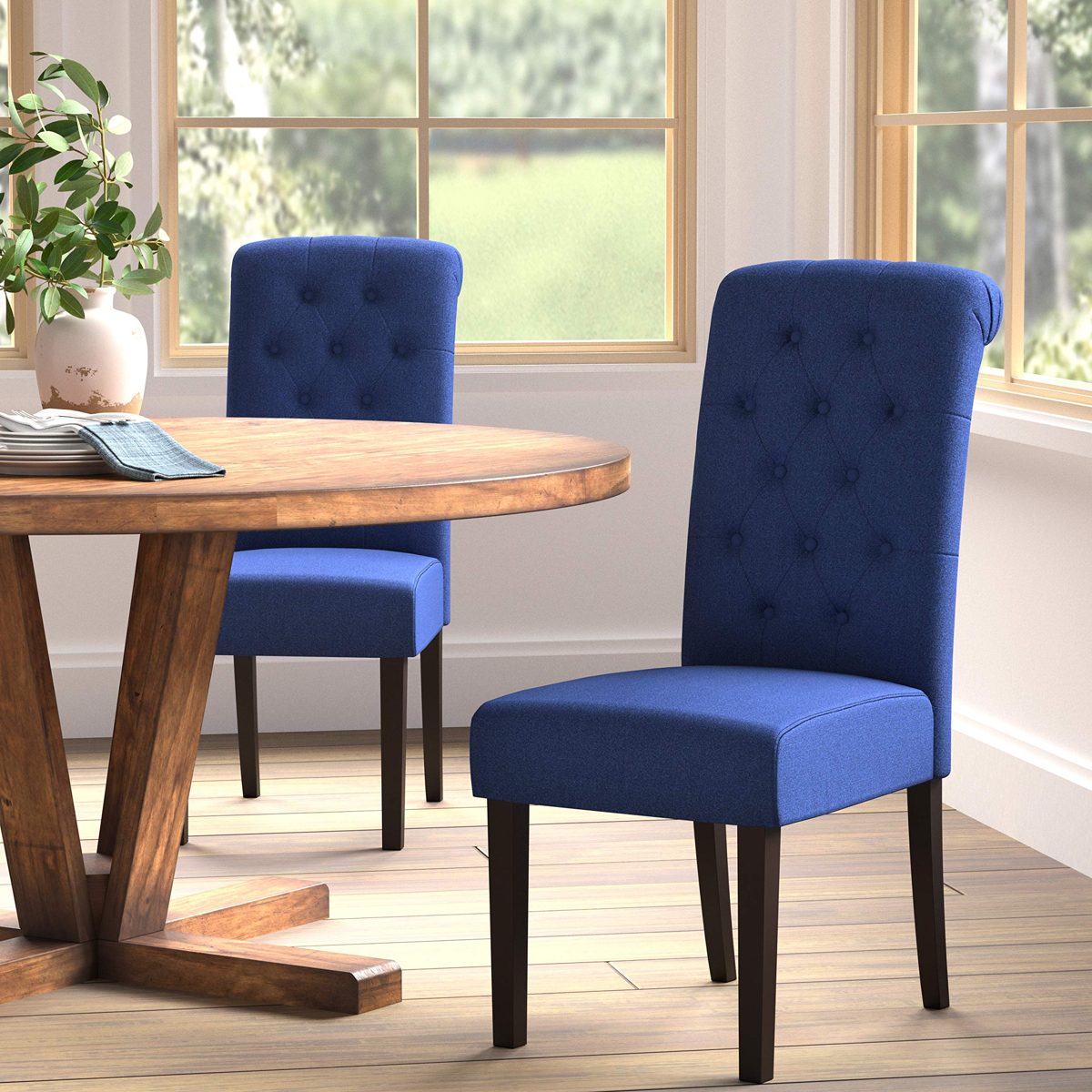 AmazonBasics Classic Fabric Tufted Dining Chair with Wooden Legs - Set of 2, Blue
