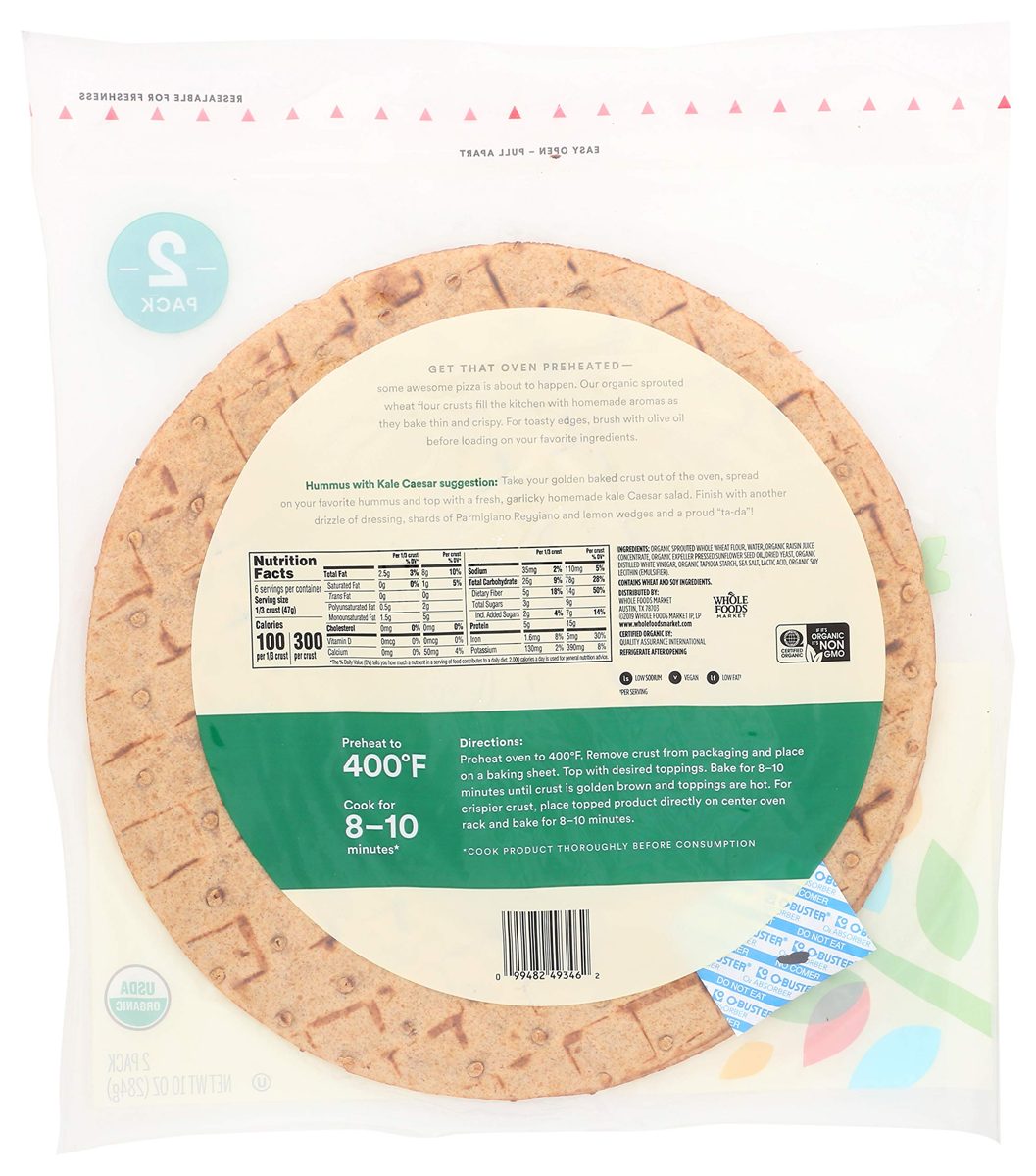 365 Everyday Value, Pizza Crusts Sprouted Wheat Organic 12 Inch 2 Count, 10 Ounce