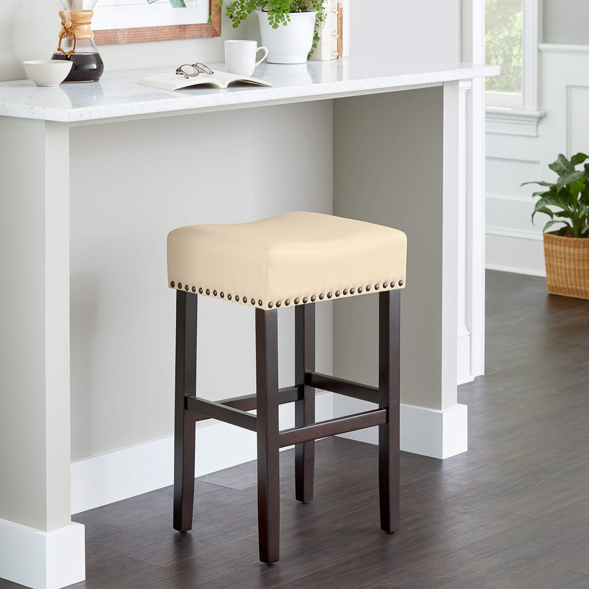 Amazon Brand – Ravenna Home Lisetta Nailhead Saddle Bar Stool, 15.75"W, Espresso with Dark Brown Faux Leather (2 Pack)
