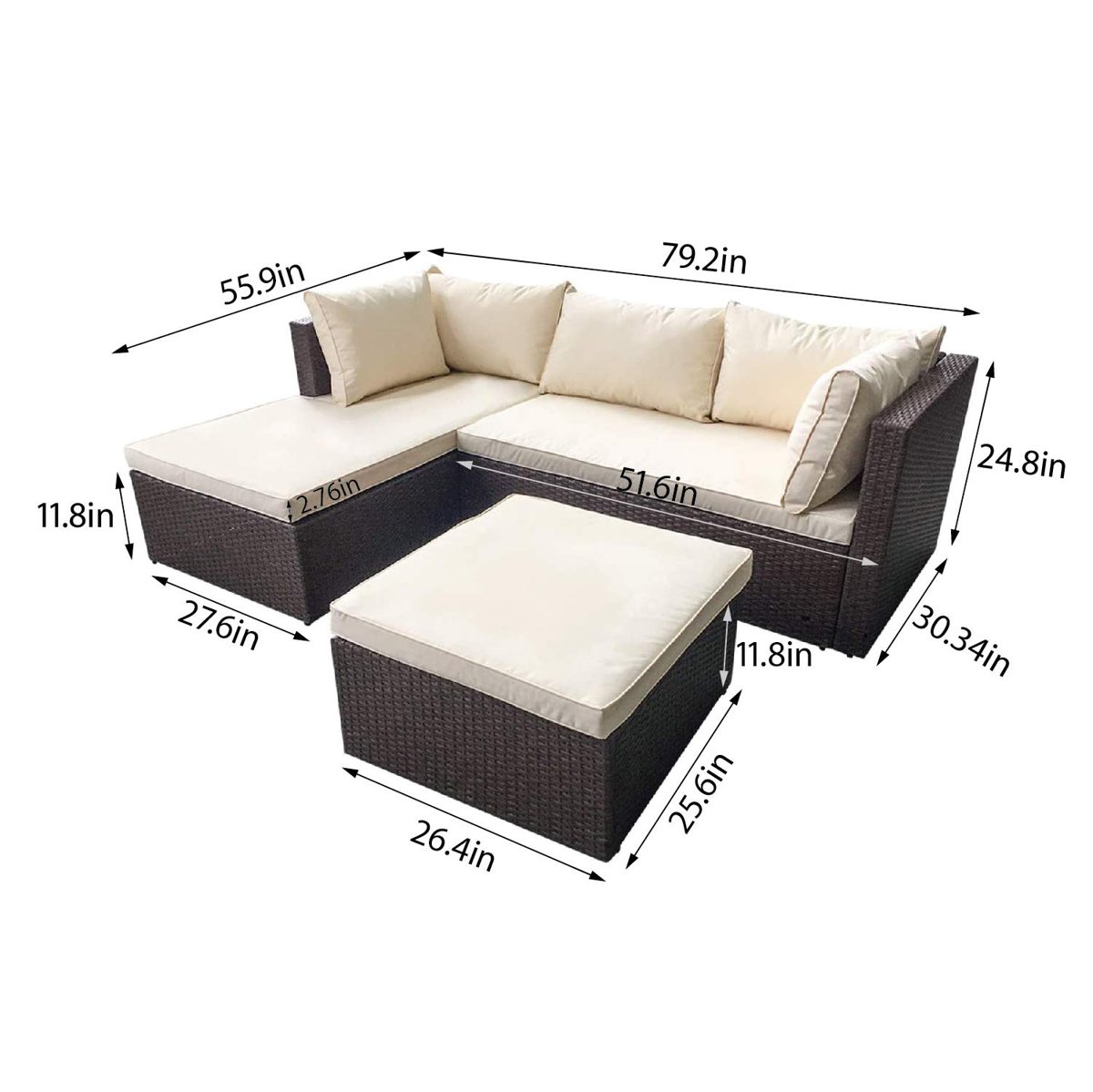 AmazonBasics Outdoor Patio Garden 3-pc Wicker Rattan Sectional Sofa Lounge Set with Cushions and Ottoman (Brown)