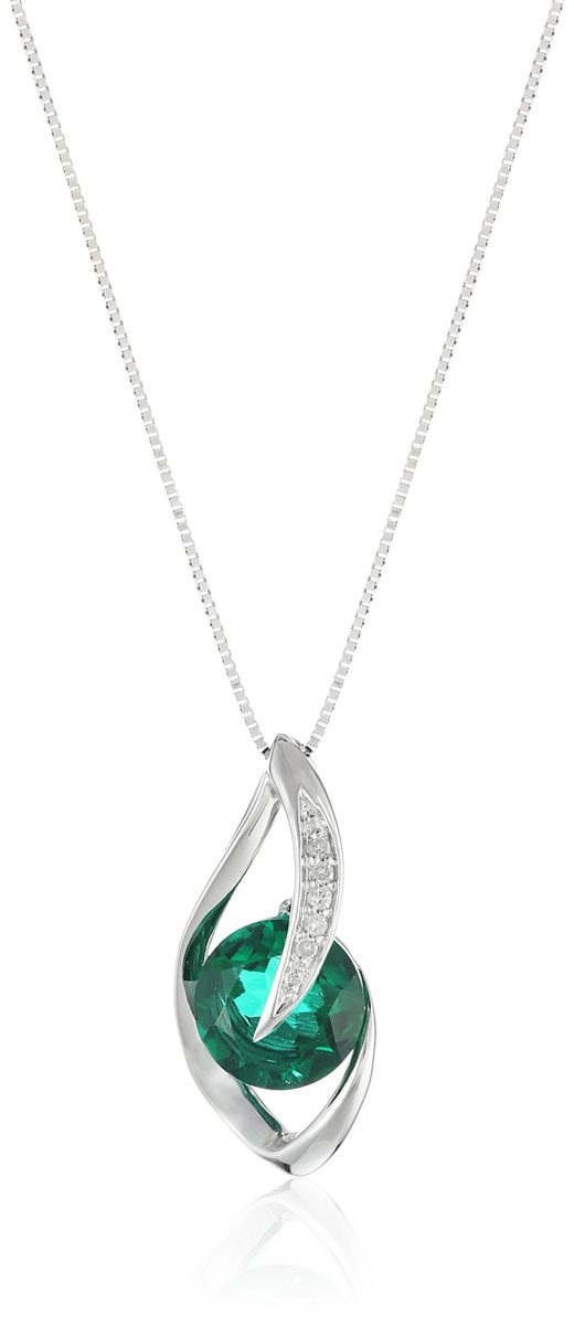 10k White Gold Created Emerald and Diamond Accent Flame Pendant Necklace, 18"