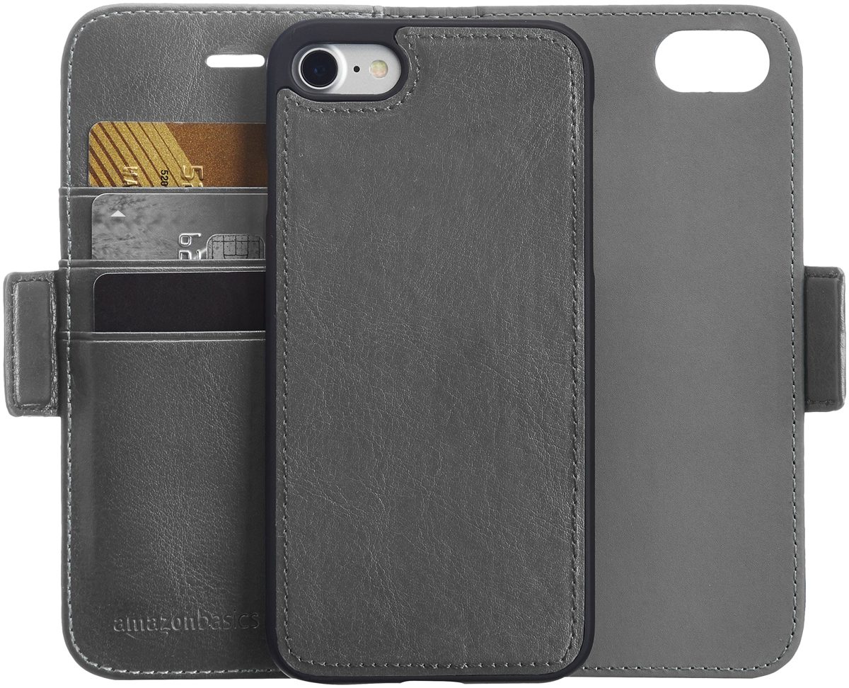 AmazonBasics iPhone Case, Freely-Removable Synthetic Leather One-Piece Wallet-Style Case, dk grey
