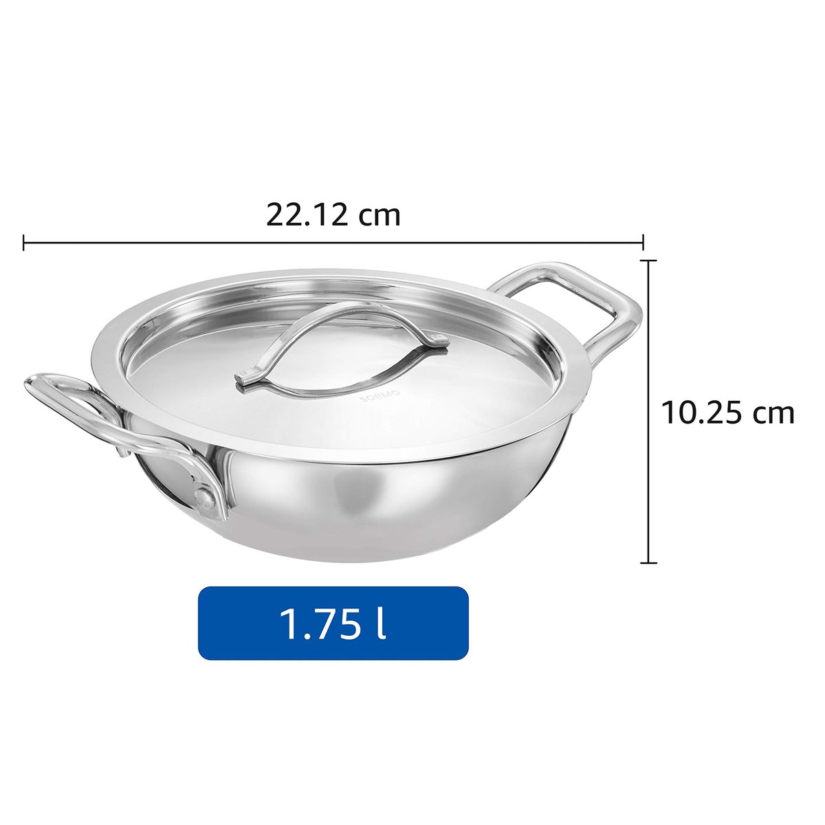 Amazon Brand - Solimo Tri-ply Stainless Steel Induction Base Kadhai with Steel lid (20cm, 1.75L)
