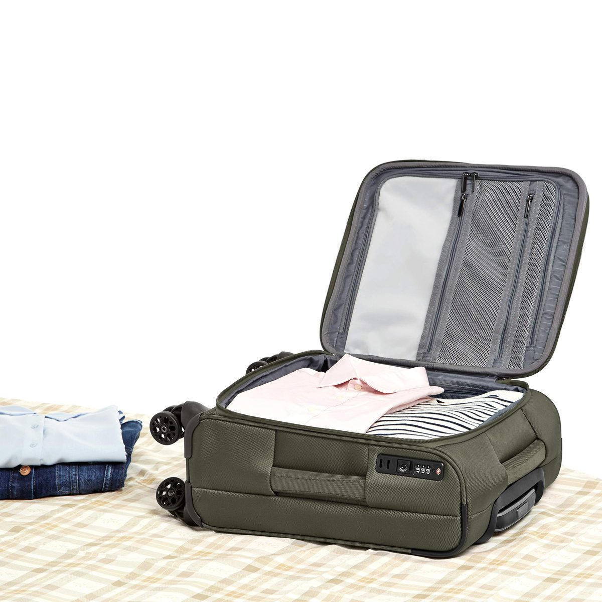 AmazonBasics Premium Expandable Softside Spinner Luggage With TSA Lock - 18-Inch International Carry-On, Olive