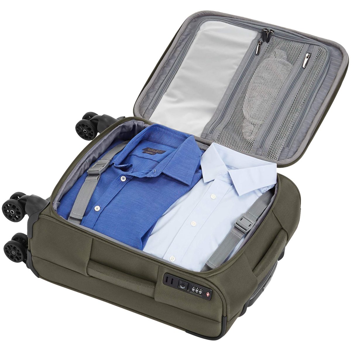 AmazonBasics Premium Expandable Softside Spinner Luggage With TSA Lock - 18-Inch International Carry-On, Olive