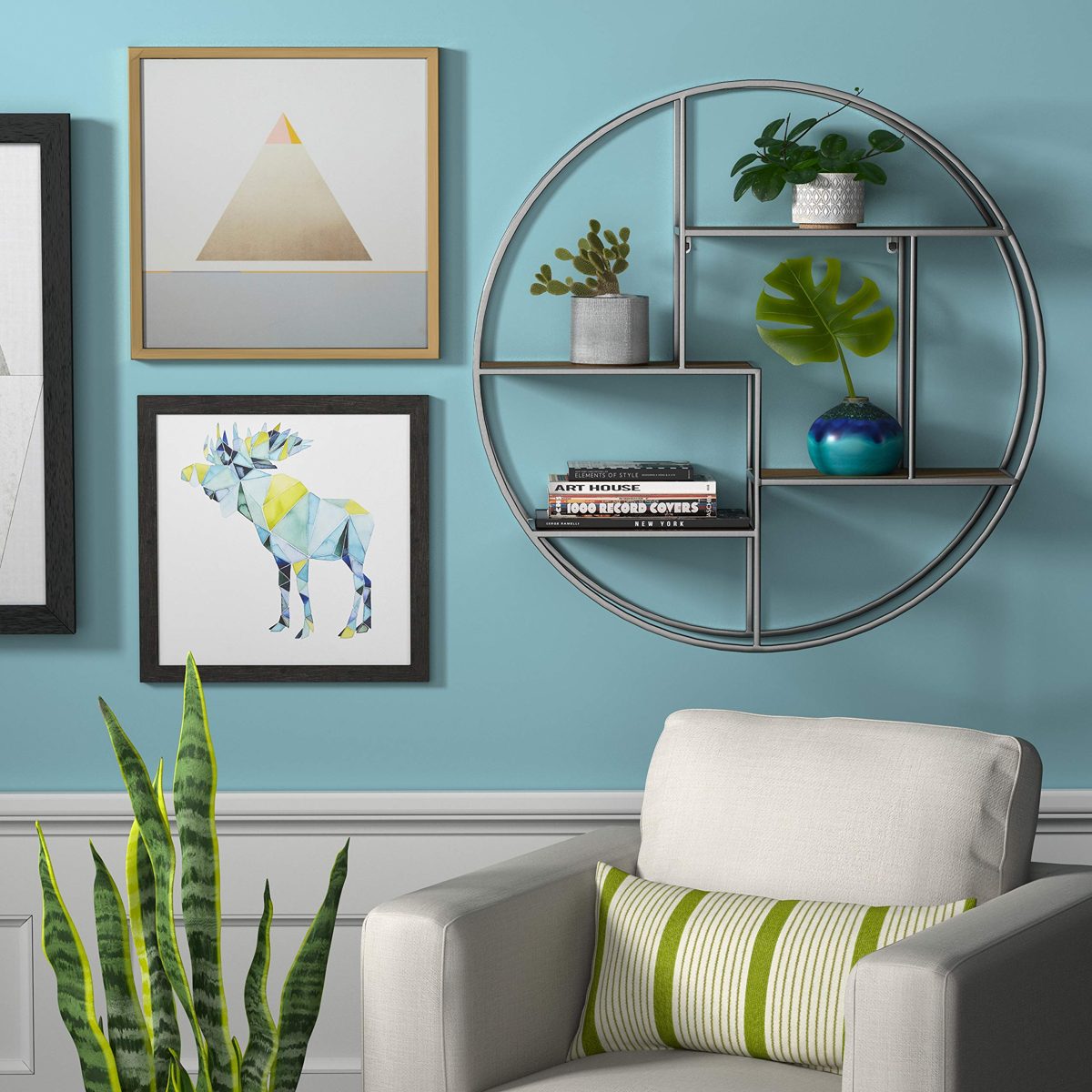 Amazon Brand – Rivet Contemporary Round Floating Iron 4 Shelf Wall Unit - 29.72" W, Natural Wood and Silver
