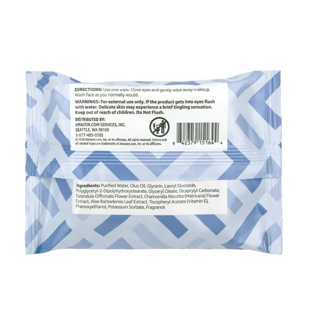 Amazon Brand - Solimo Makeup Removing Facial Wipes, Hypoallergenic, Dermatologist Tested, 25 Count (Pack of 2)