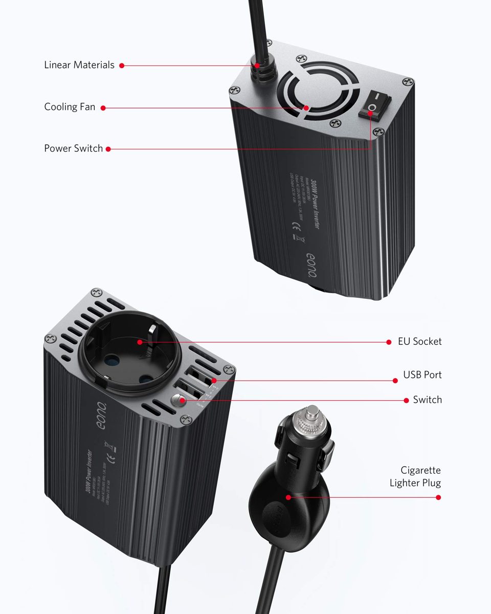 Eono Essentials Voltage Converter 12 V 230 V / Modified Wave Power Inverter 300 W / Eono Inverter with 2 USB Ports and Car Cigarette Lighter Plug
