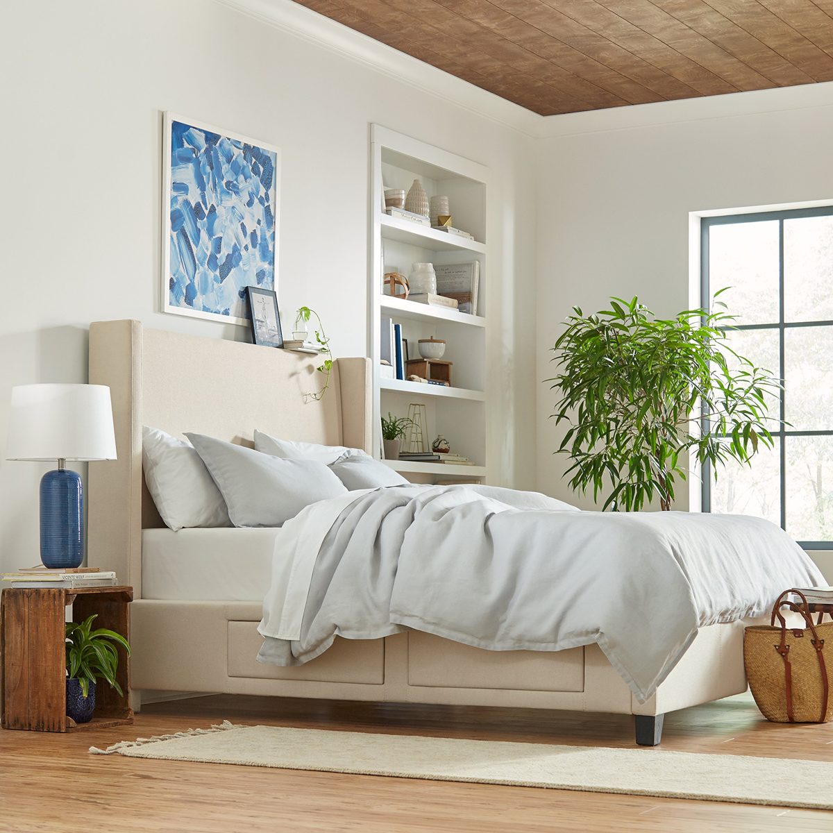 Stone & Beam Clifton Modern Upholstered Queen Bed with Storage Drawers, 69.5"W, Cream