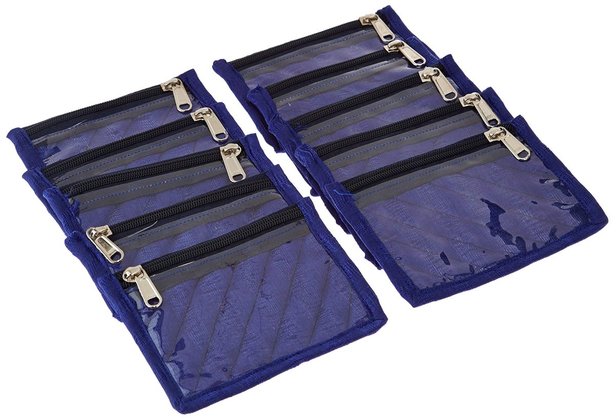 Amazon Brand - Solimo Fabric Jewellery Box with 10 Transparent Pouches, Blue